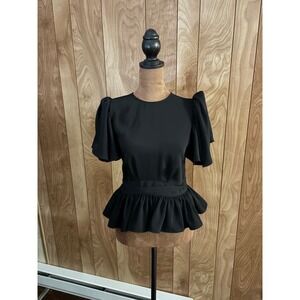 Express Black Puff Sleeve Peplum Top Tie Back Blouse XXS 08625137